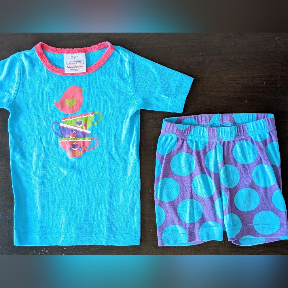 VGUC Hanna Andersson 3T Short John Pajamas Bird Teacup Blue Purple Cotton